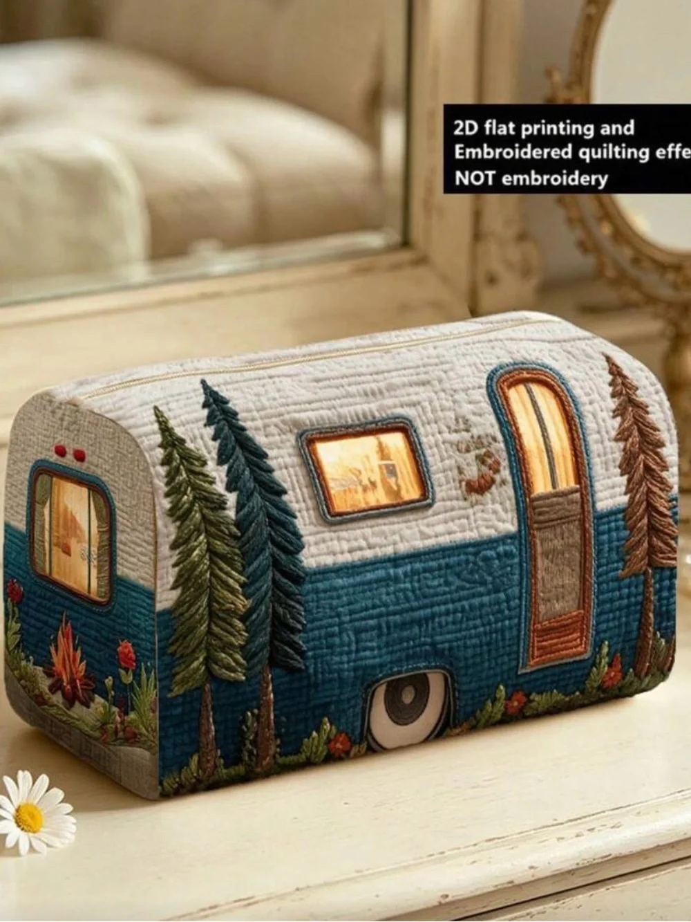 Quilted Camper Cosmetic Bag in Teal and Cream